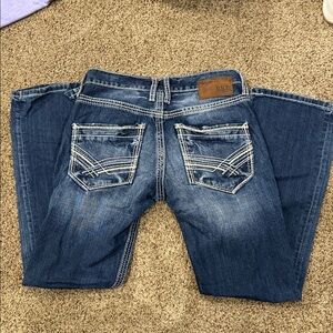 BKE Men’s Dark Blue Bootcut Jeans with White Contrast Stitching